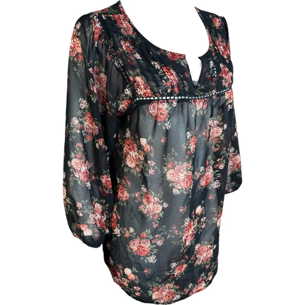 Mine Womens Large Black Floral Sheer 3/4 Length Sleeve Blouse - Image 10
