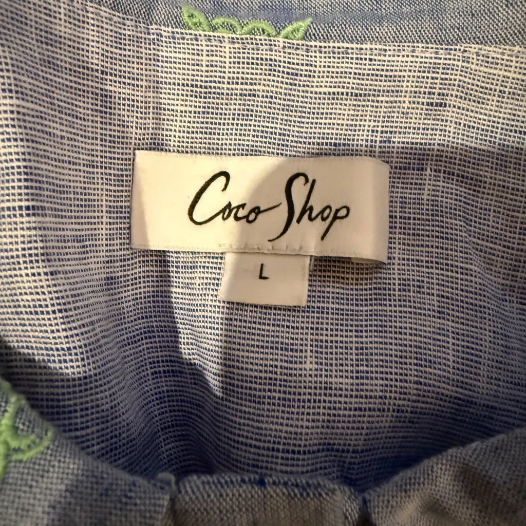 Coco Shop Embroidered Blue & Green Floral Print Collared‎ Midi Dress Sz L Size L - Image 8