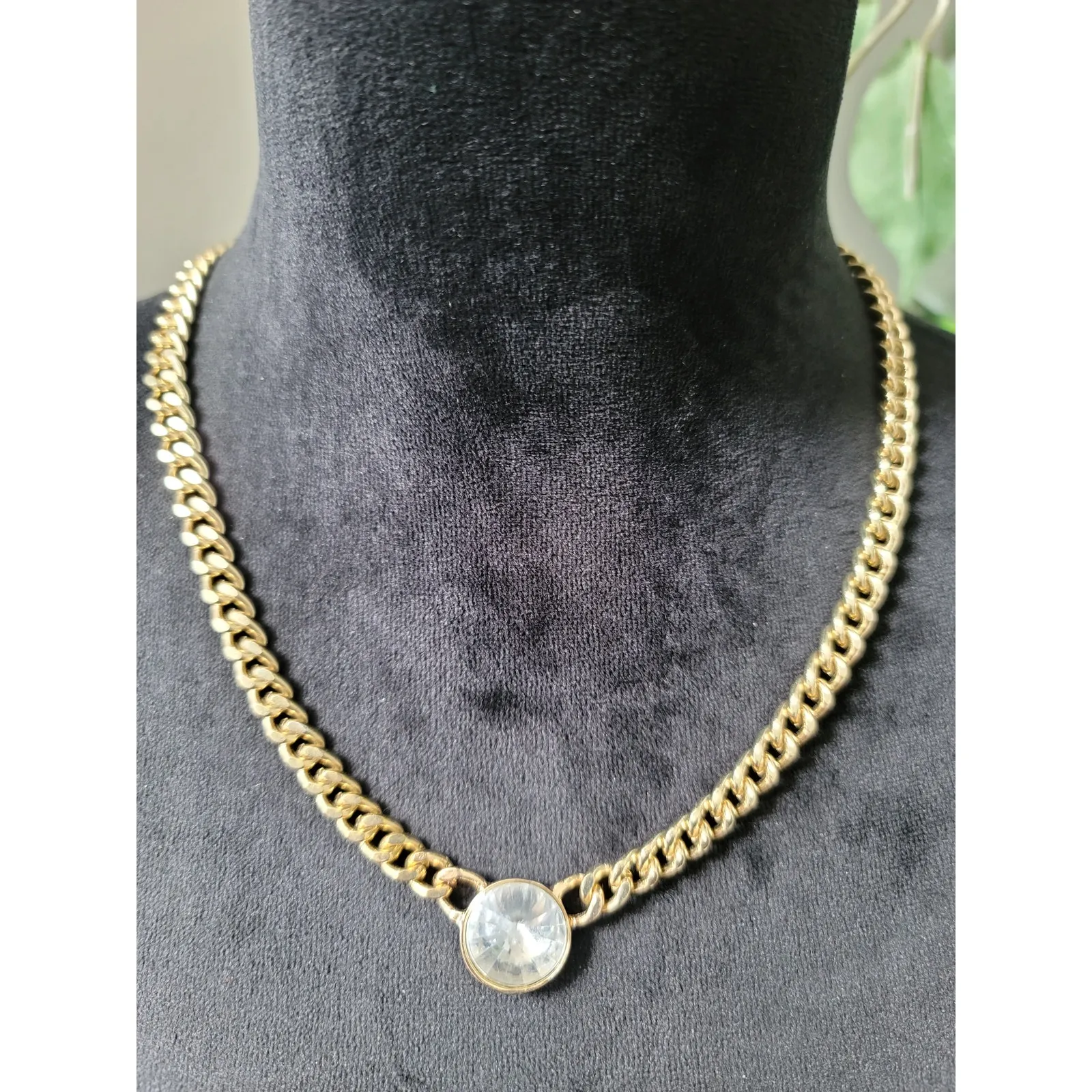 Women's Gold Curb Chain Necklace With Round Crystal Pendant And Lobster Clasps - Image 2