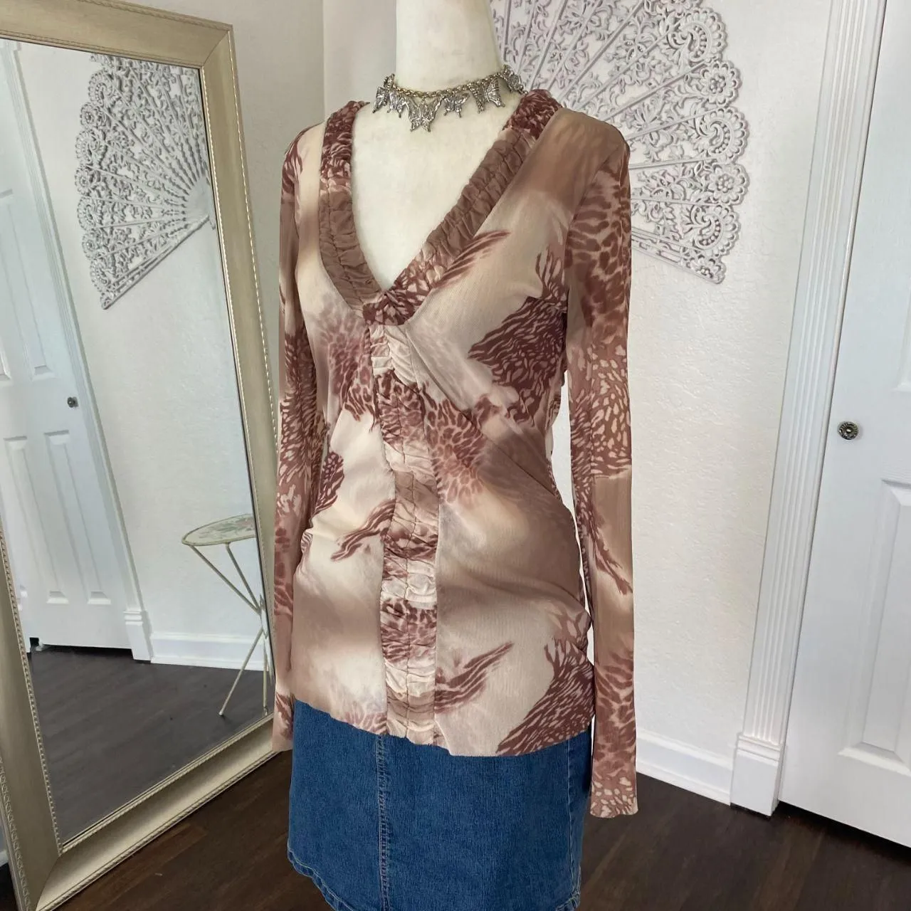 Sweet Pea Collection Early 2000's Brown Tan Grunge Tattoo Mesh Long Sleeve L Size L - Image 4