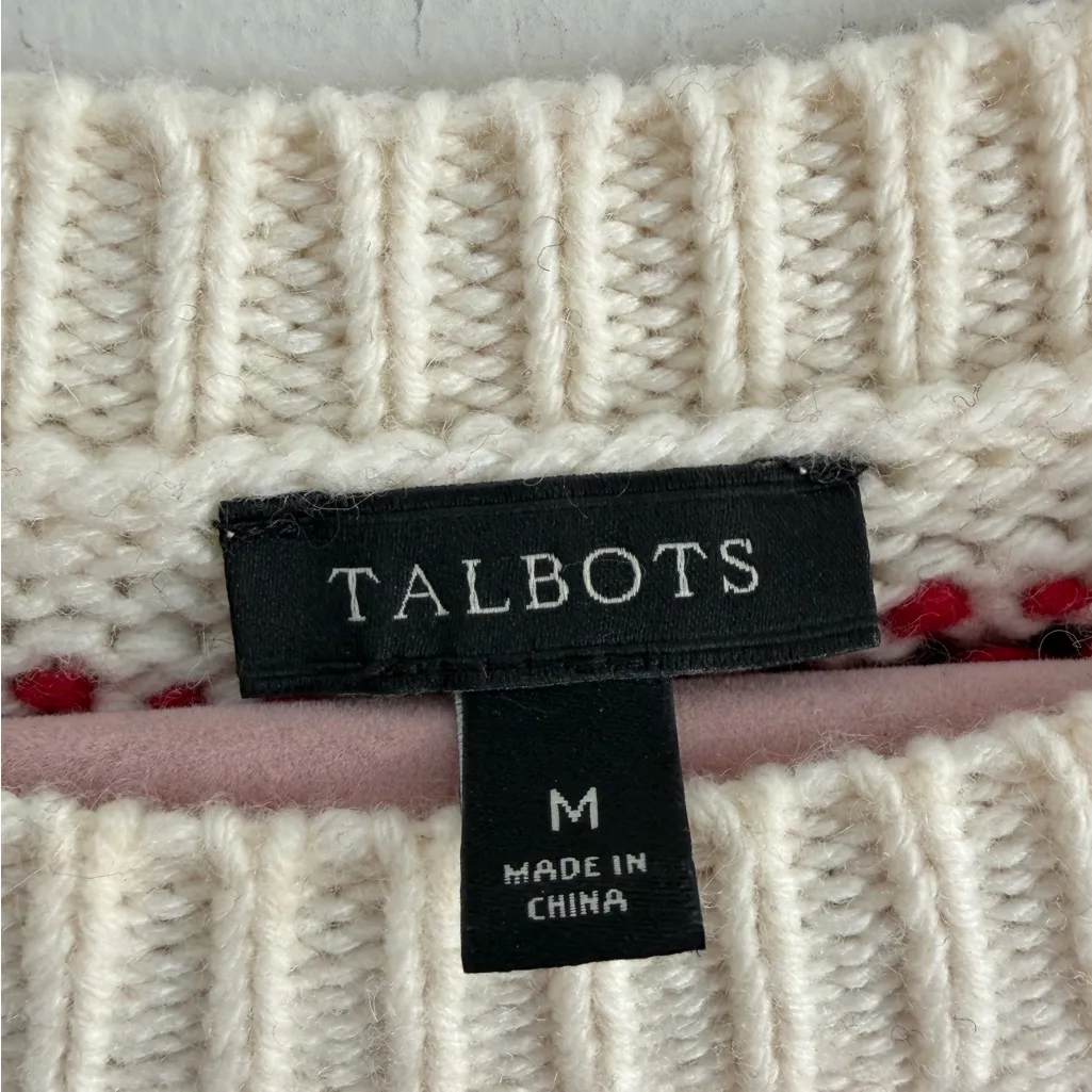 Talbots White Wool Blend Sweater Fair Isle Red Black Nordic Size medium - Image 7