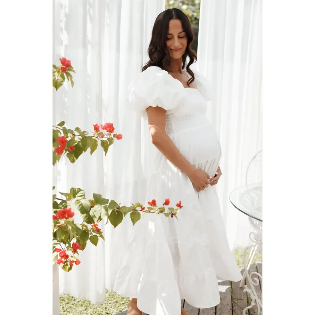 PETAL & PUP Annette Puff Sleeve Midi A-Line Dress in White Size Small - Image 14