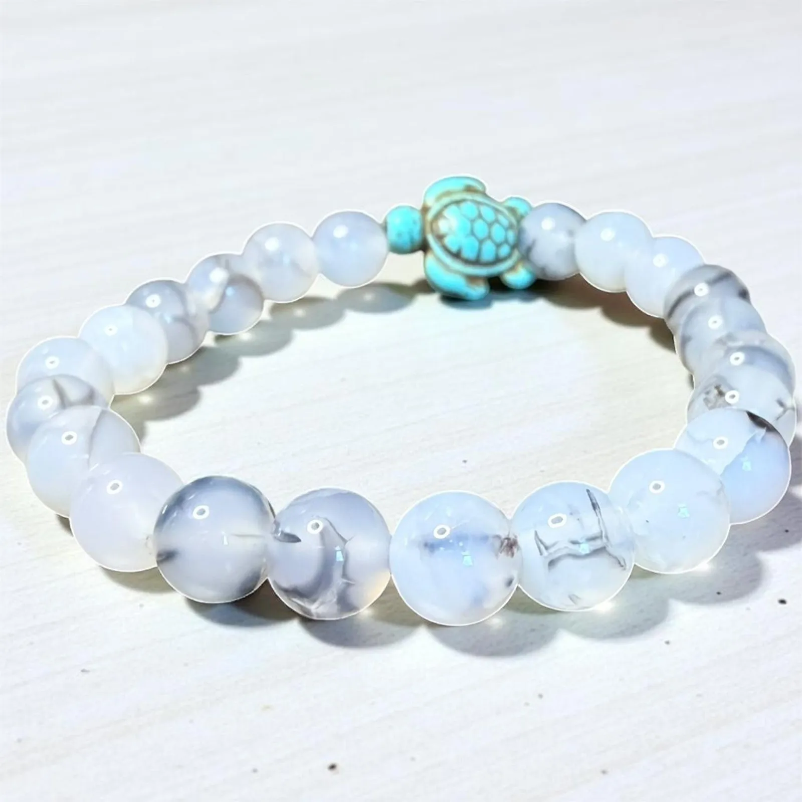 Turquoise Turtle Beaded Agate Stretch Bracelet Blue - Image 2