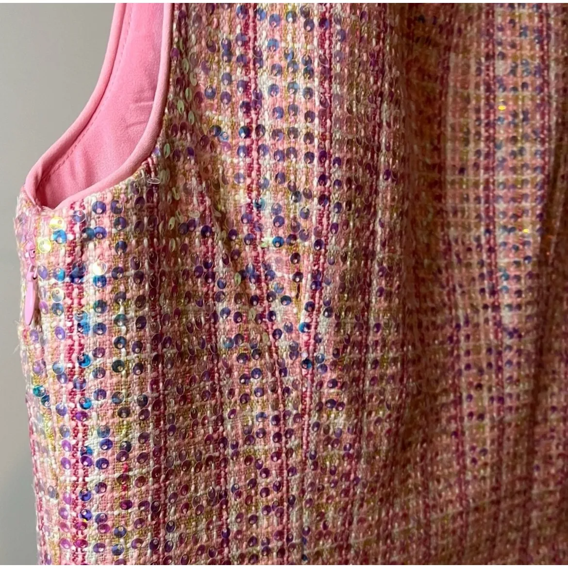 Tweed Mini Dress Sleeveless Button Front‎ Pink Party Cocktail - Image 4