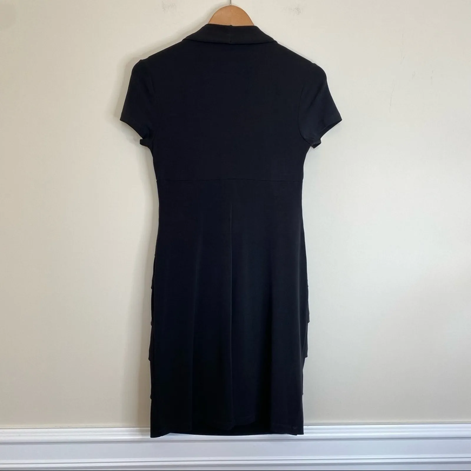 St. Tropez dress 6 black short sleeve polka dot mesh overlay tiered sheath Y2K - Image 5