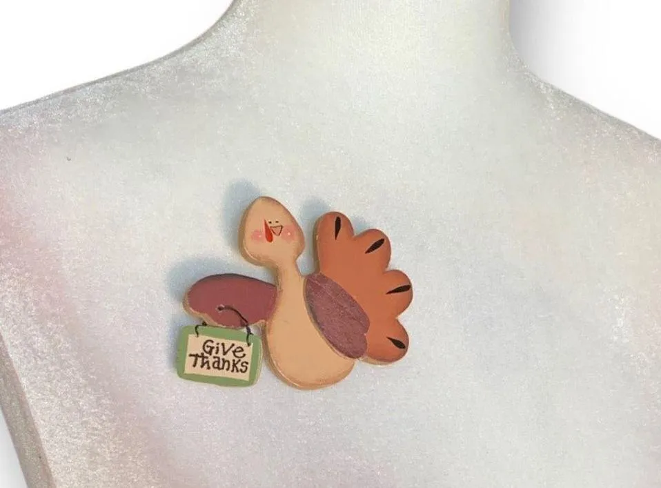 Vintage Crazy Mountain Pin Wooden Turkey Tan Brown Give Thanks Brooch - Image 4