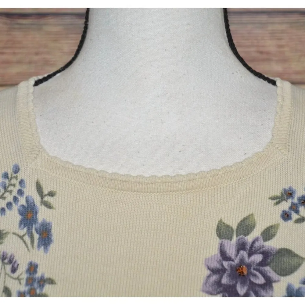 Alfred Dunner Size L LP Petite Short Sleeve Floral Sweater Cream Blue Purple Size L - Image 3