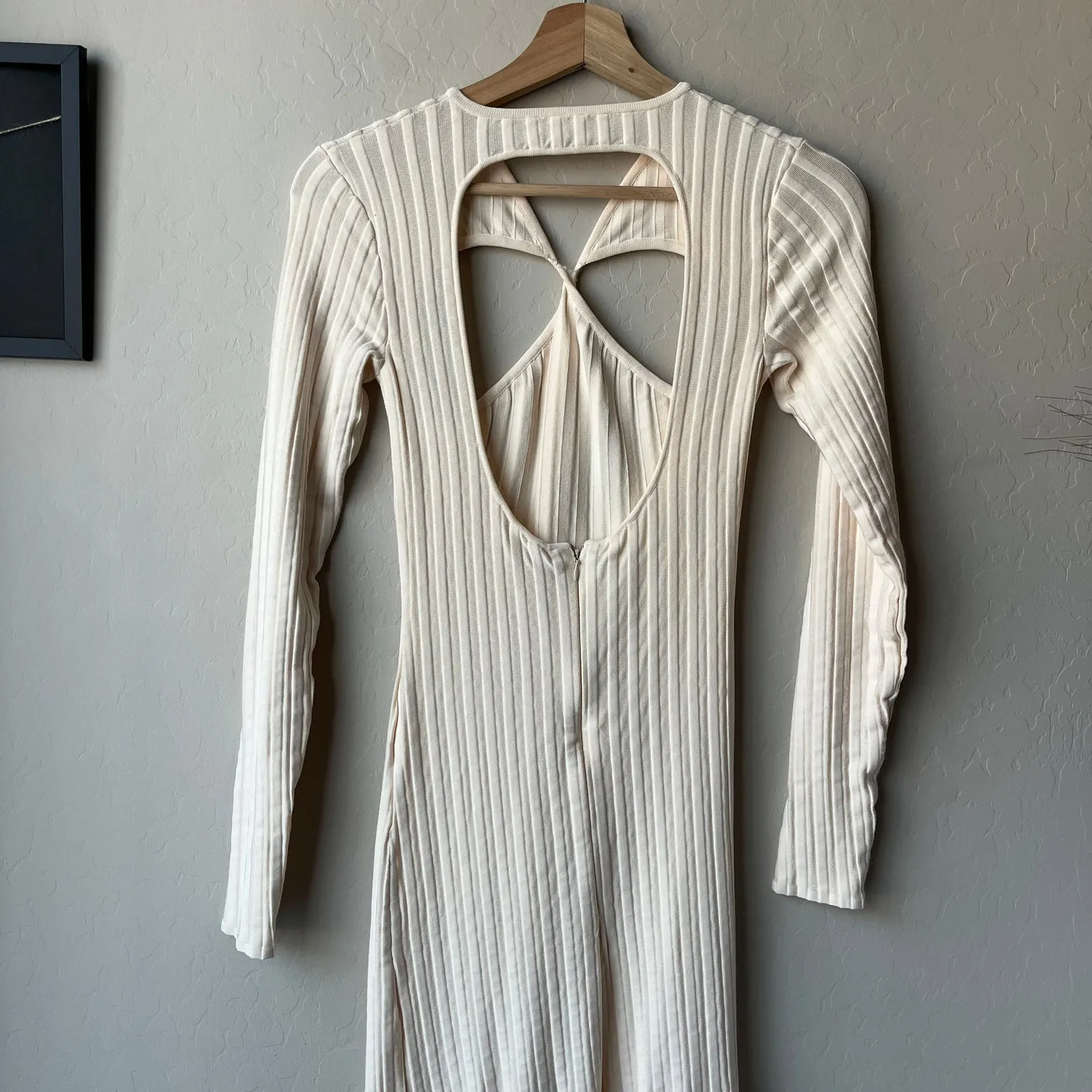 Ronny Kobo Dress Fringe Cut Out Long‎ Sleeve Knit Midi Dress Ivory Sz S - Image 8