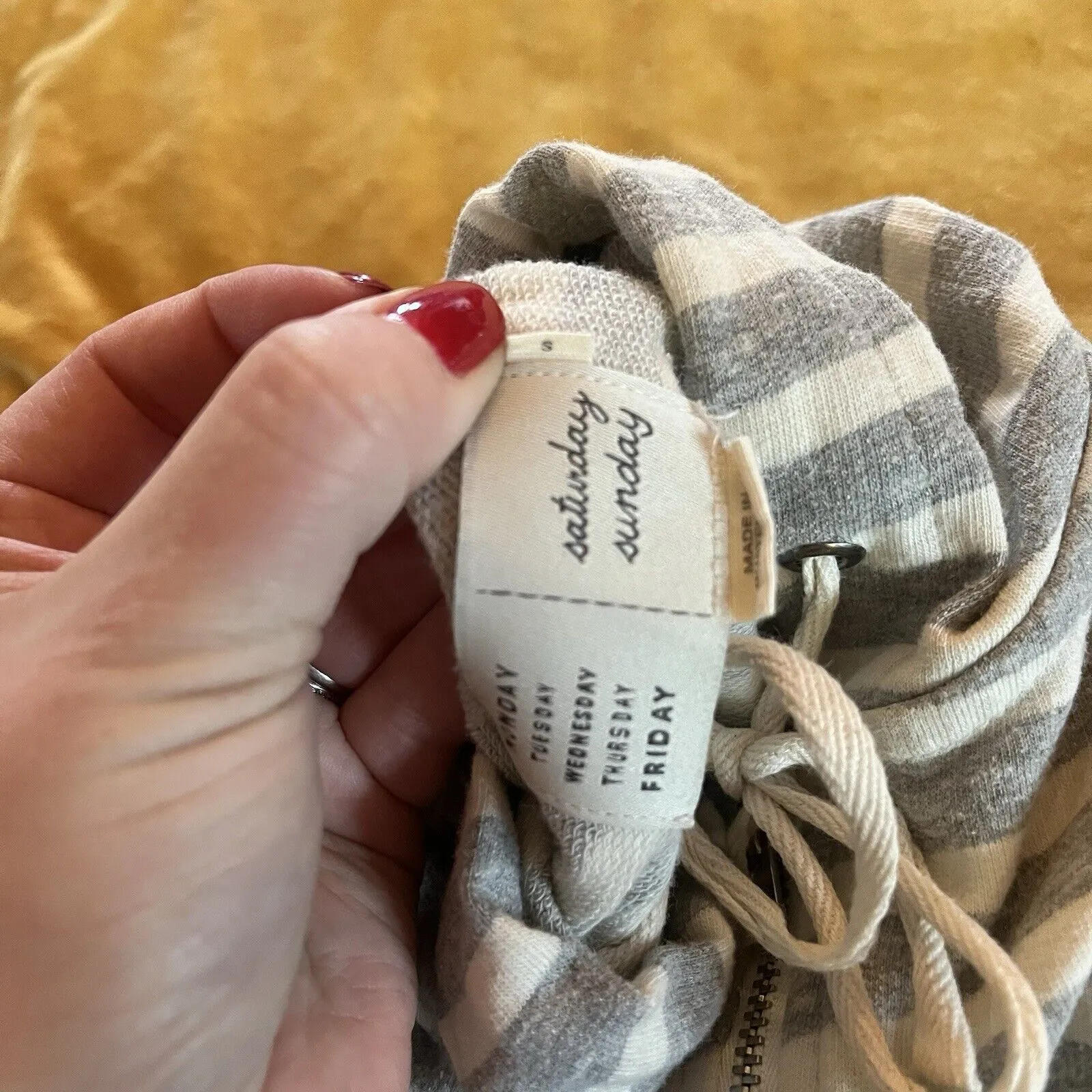 Saturday Sunday Ruffle Striped Full Zip Hoodie Gray Cream Size Small EUC - Image 9