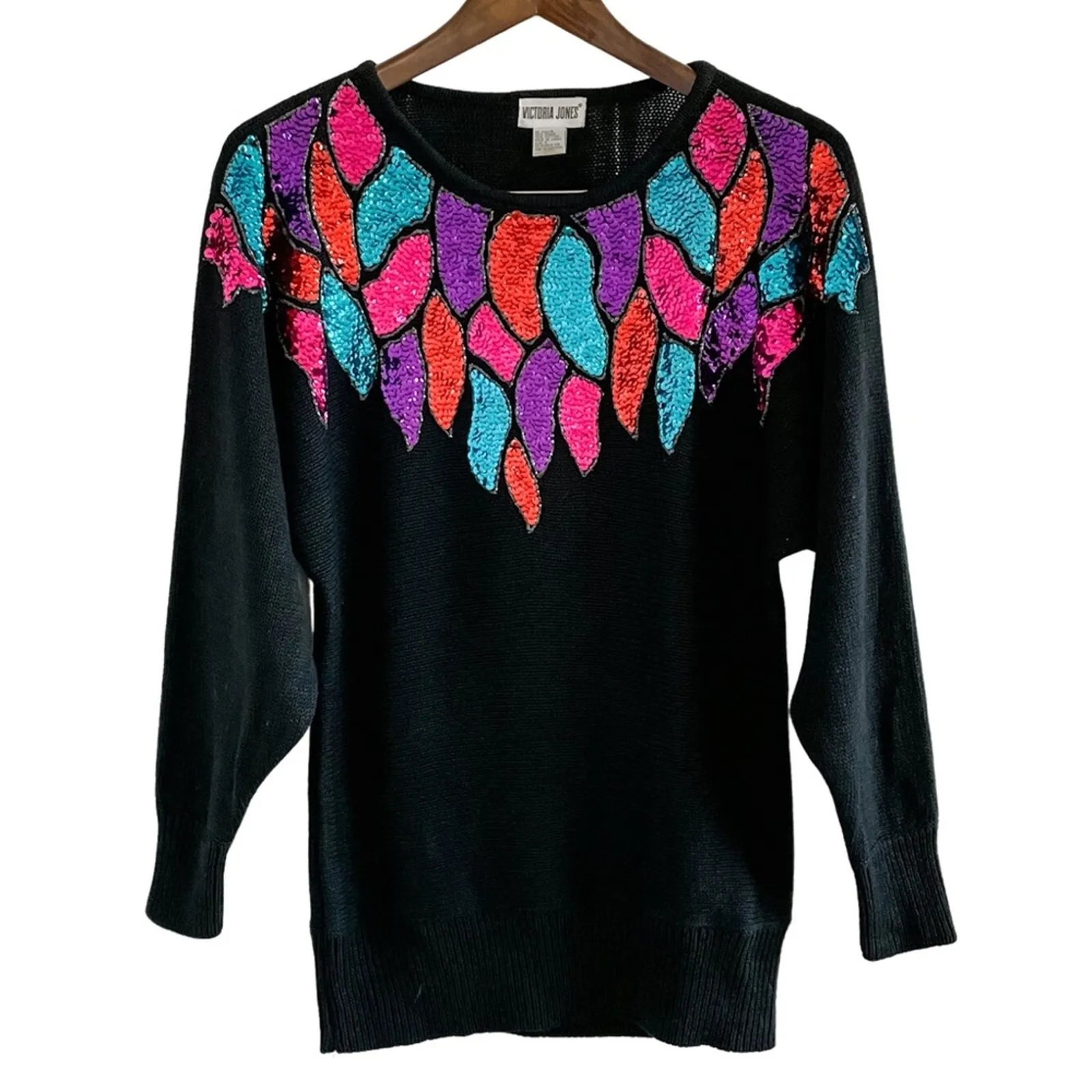 Vintage 90s vibrant sequin neckline loose knit dolman sweater oversized size S Black - Image 7