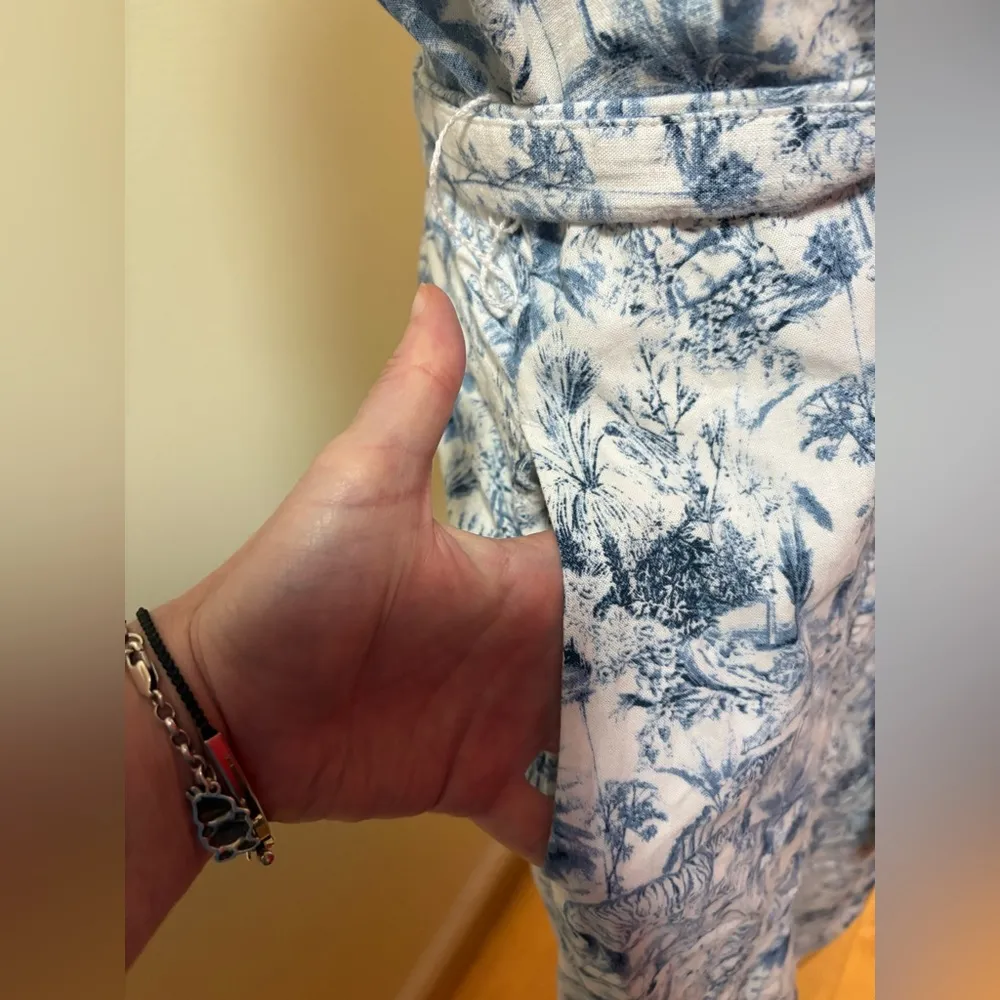 Rachel Zoe tropical jungle linen blend shirt dress  white blue sz M L - Image 3