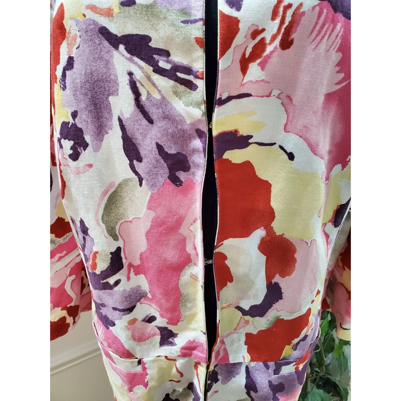 Maggie Barnes Women's Multicolor Floral Linen Long Sleeve Hook Front Jacket 2X - Image 4