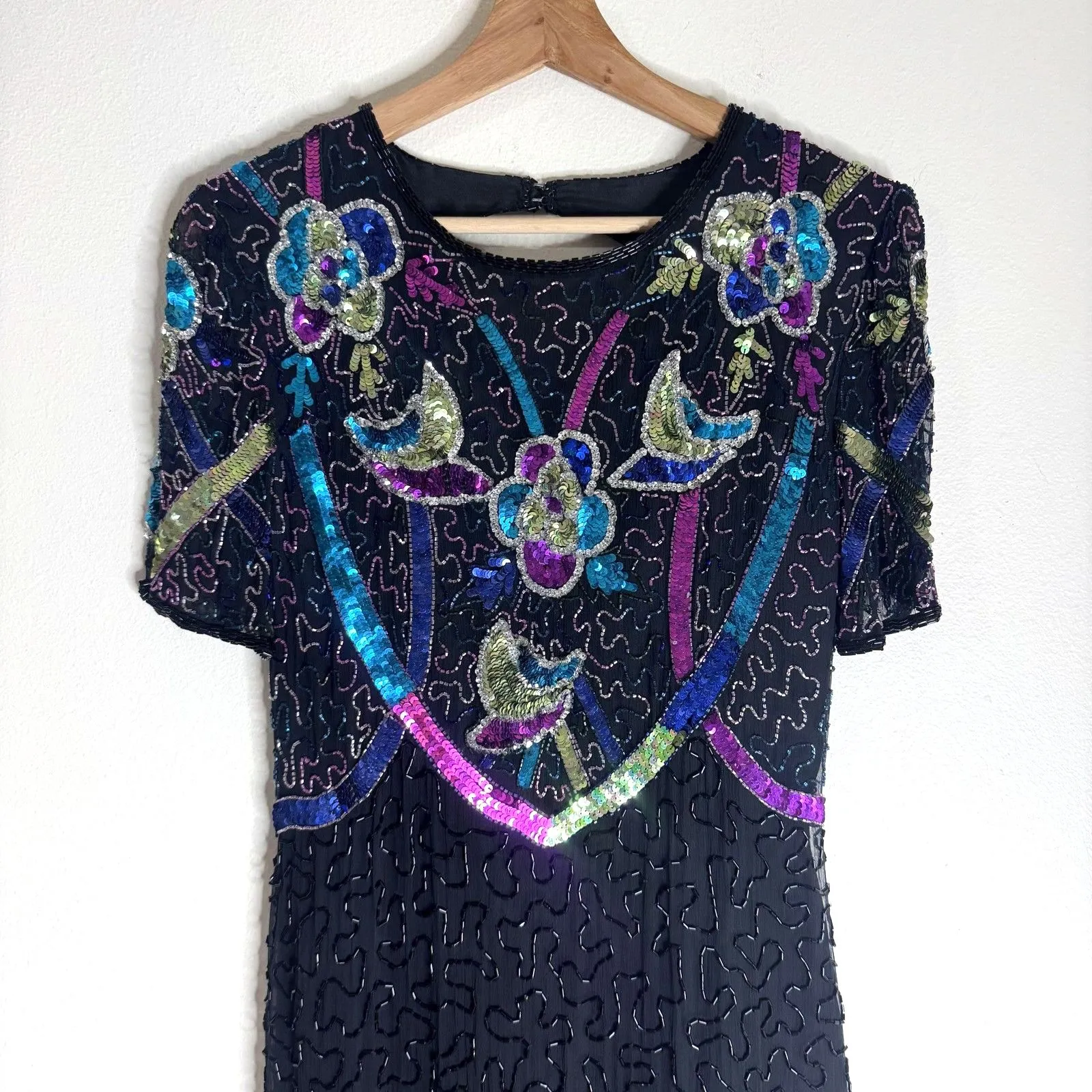 Vintage Swee Lo Dress Womens Small Black Sequin Beaded Cocktail Short Sleeve 90s - Image 2