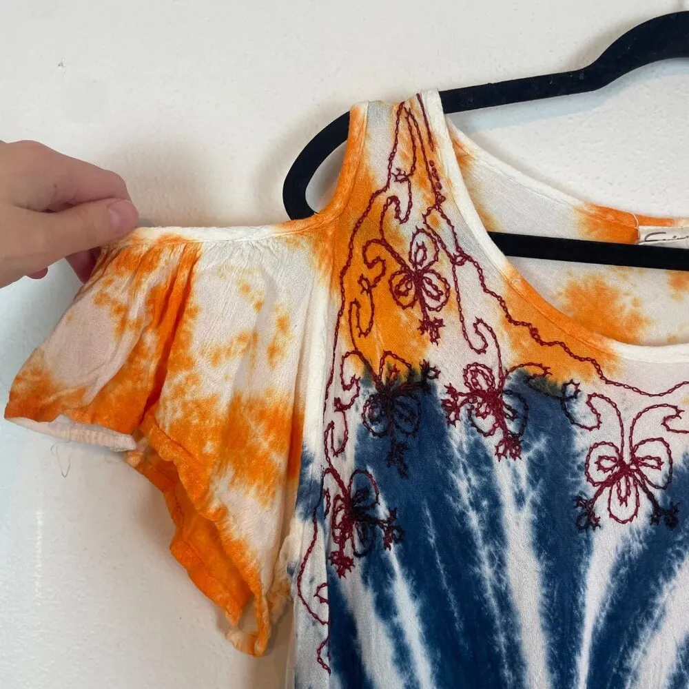 Exist Women's OS Orange and Blue Tie Dye Off the Shoulder Embroidered Boho Dress - Image 2