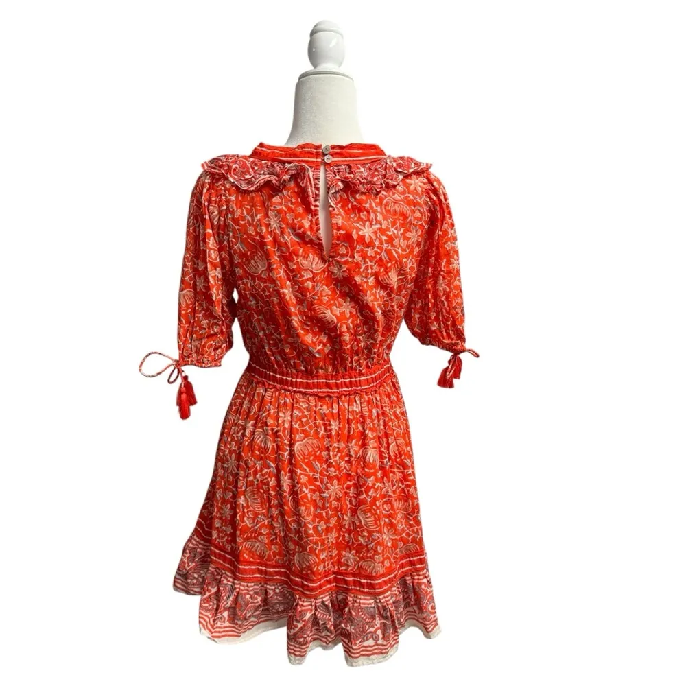 Cleobella Blair Tassel-Cuff Ruffle Short Sleeve Mini Dress Floral Orange Small S - Image 6