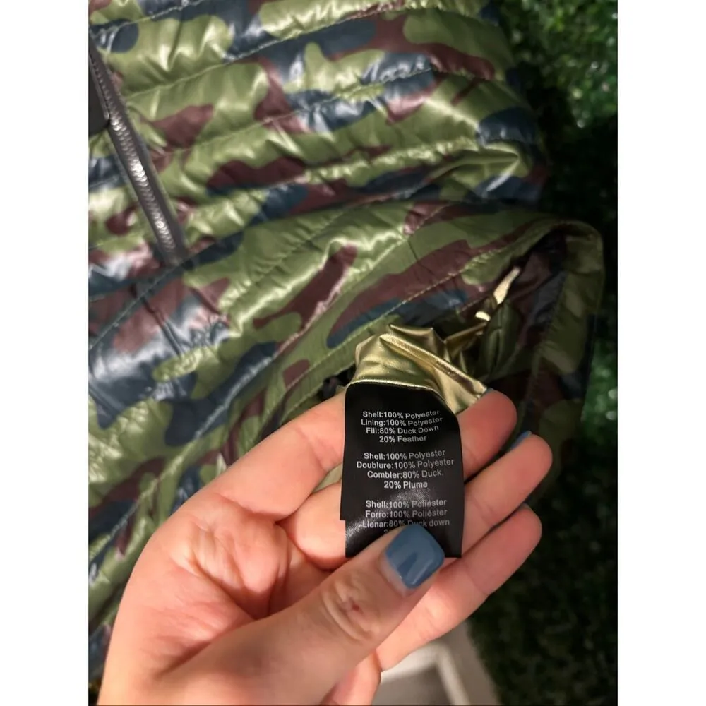 Think Royln Crop Hi Low Hoodie Poncho Green Camo Gold Duck Down XS/S NWT NEW - Image 4