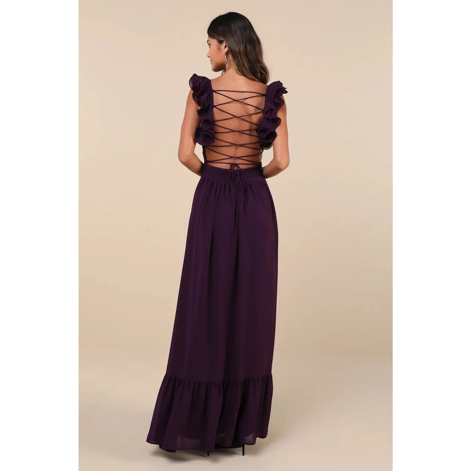 NWOT Lulus Soiree Celebration Purple Ruffled Lace-Up Maxi Dress Bridesmaid Sz L - Image 2