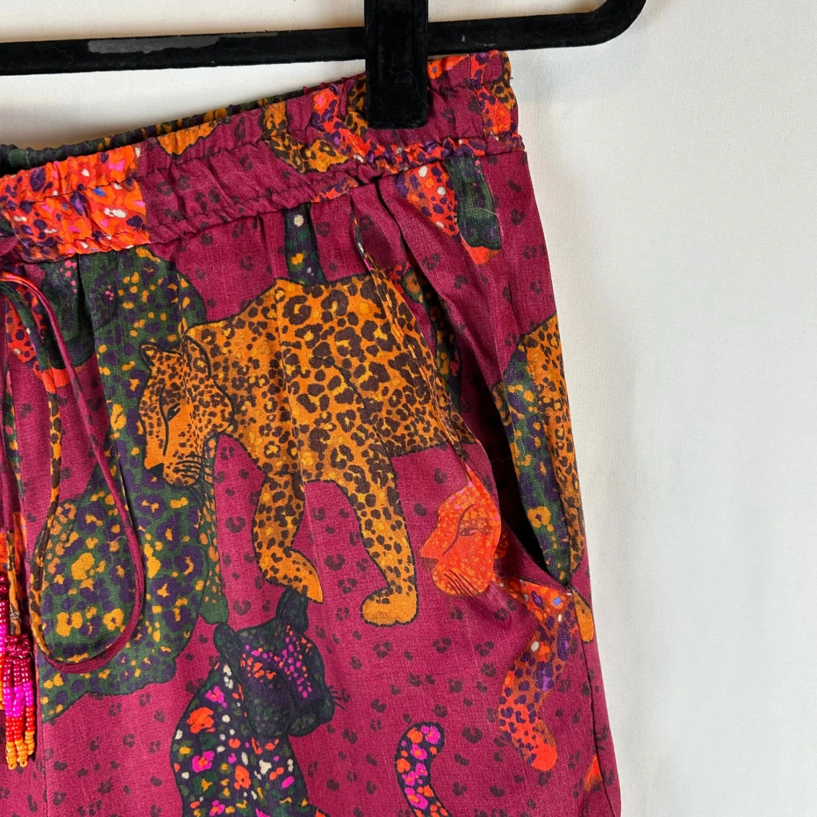 FARM Rio Leopard Print Wide Leg Pants Women's M Burgundy Drawstring Tassel - Image 10