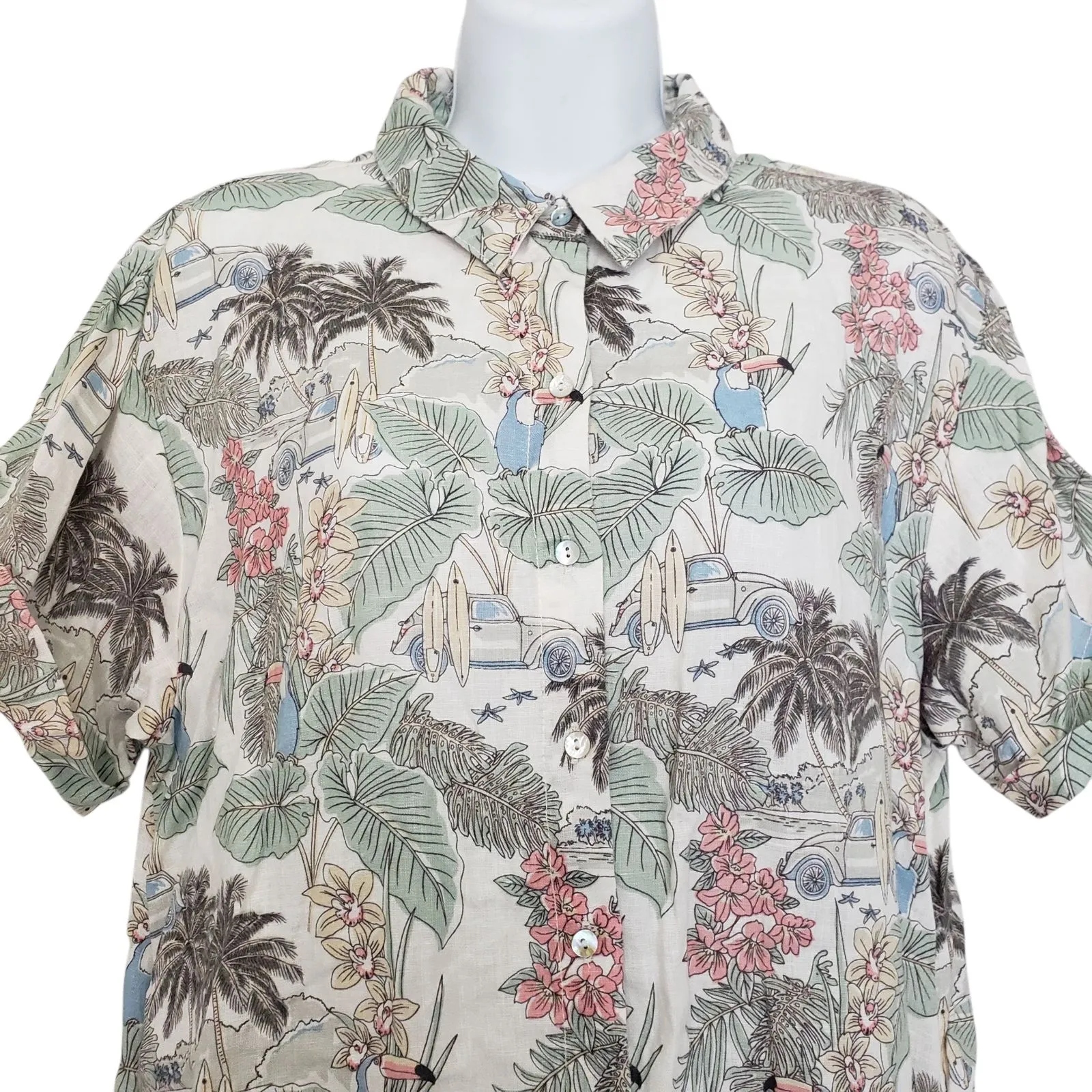 Rachel Zoe 100% Linen Mini Dress Womens Large Floral Button Front Tropical - Image 9