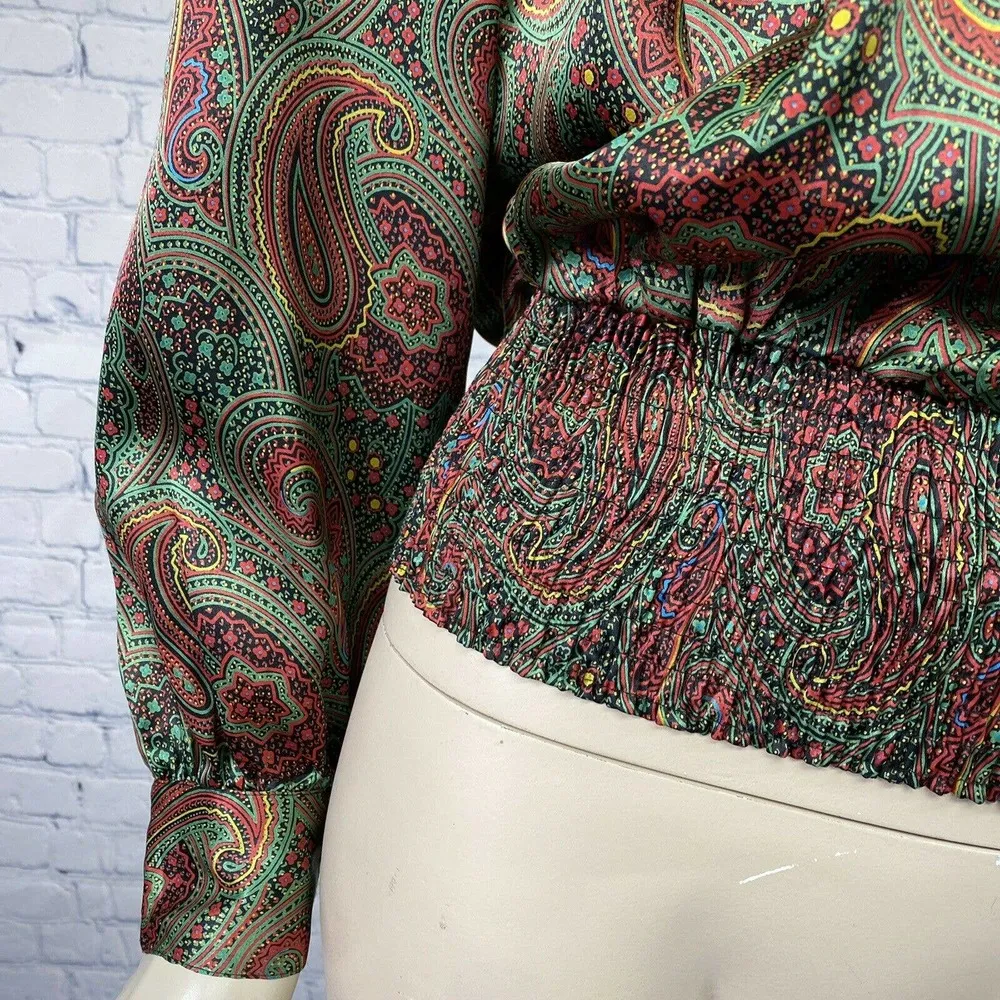 Stunning Vintage 80s Lindsey Blake Satin Paisley Blouse Top S/M Olive Maroon Green Size M - Image 2