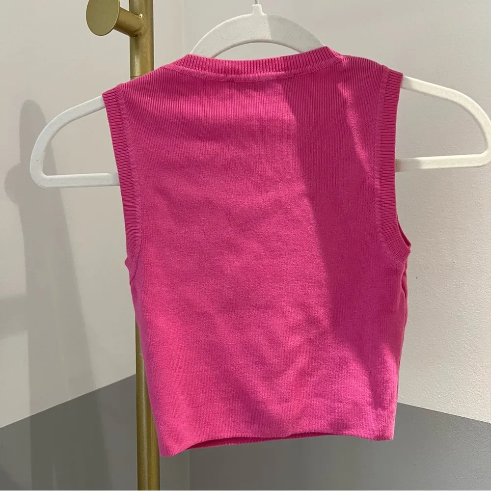 Pink Plain Ribbed Knit Crop Top - Image 3
