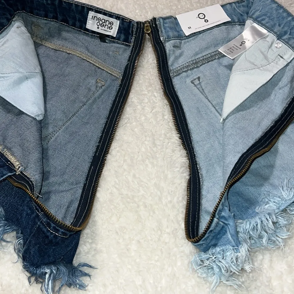 Insane Gene two tone denim shorts zip code size medium frayed edge unzips around Blue - Image 12