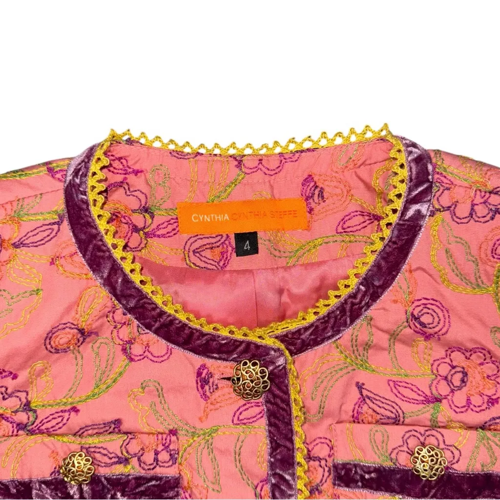 Cynthia Steffe Floral Embroidered Cropped Jacket 4 Velvet Trim Statement Blazer - Image 3