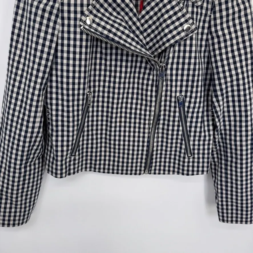 J. Crew Preppy Moto Jacket Womens 10 Blue White Gingham Plaid Cotton Linen NWOT - Image 3