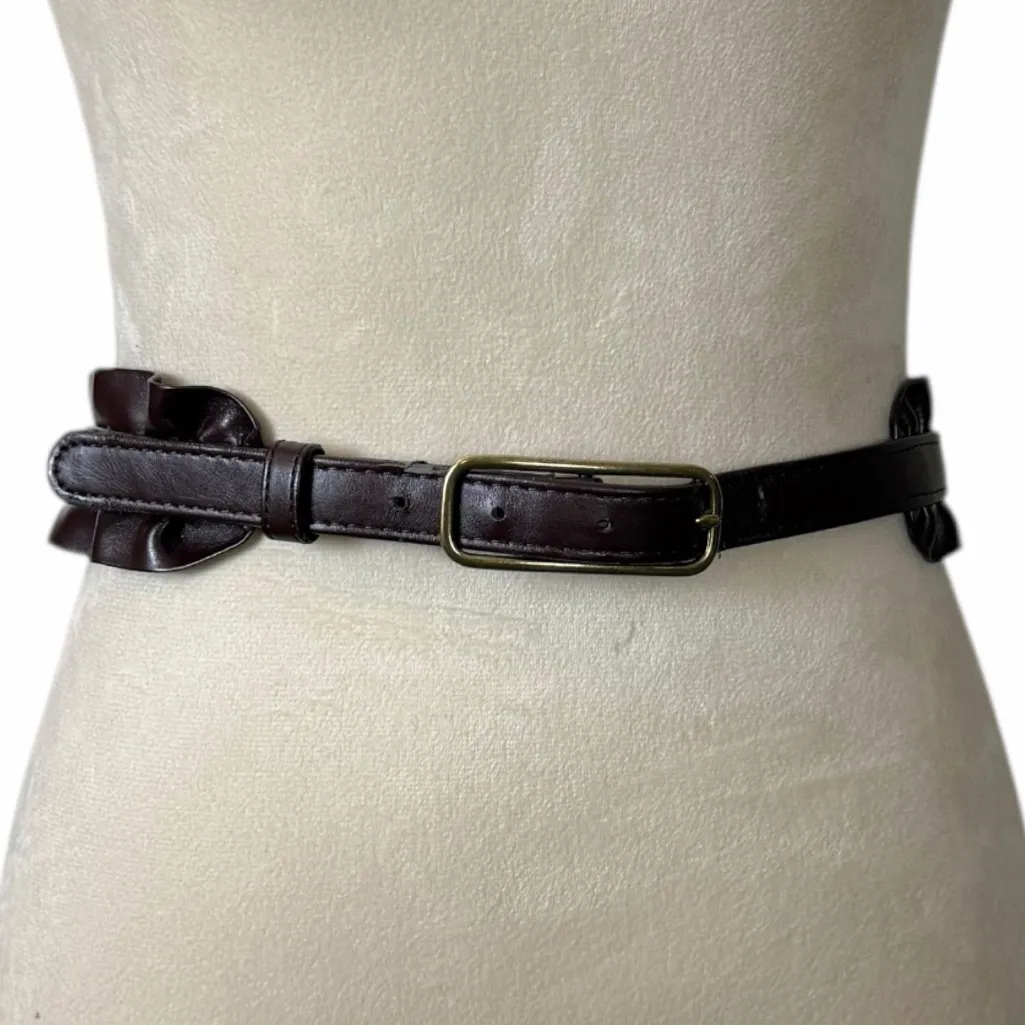 Gap Y2K Faux Leather Brown Ruffle Antique Gold Buckle Belt Women’s Size Medium - Image 2