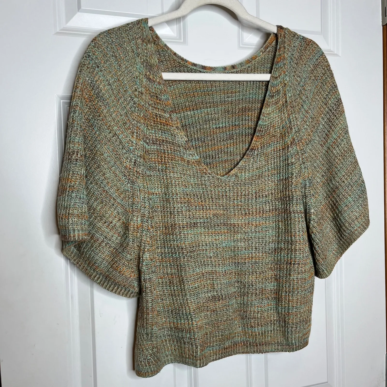 Anthropologie Small LINEN Blend Marled Knit V-Back Dolman Sleeve Sweater Green - Image 6