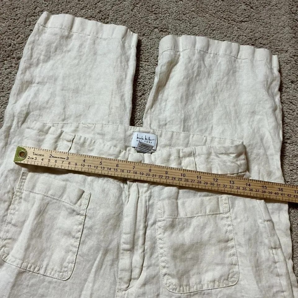 Nicole Miller New York Linen Wide Leg Cropped Sheer Pants Beige Size 6 - Image 4