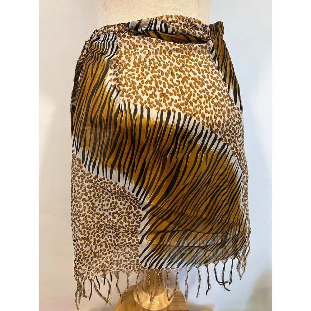 Women’s Tiger Print Fringe Wrap Coverup Sarong Skirt. XL Resortwear Vacation Tan - Image 6