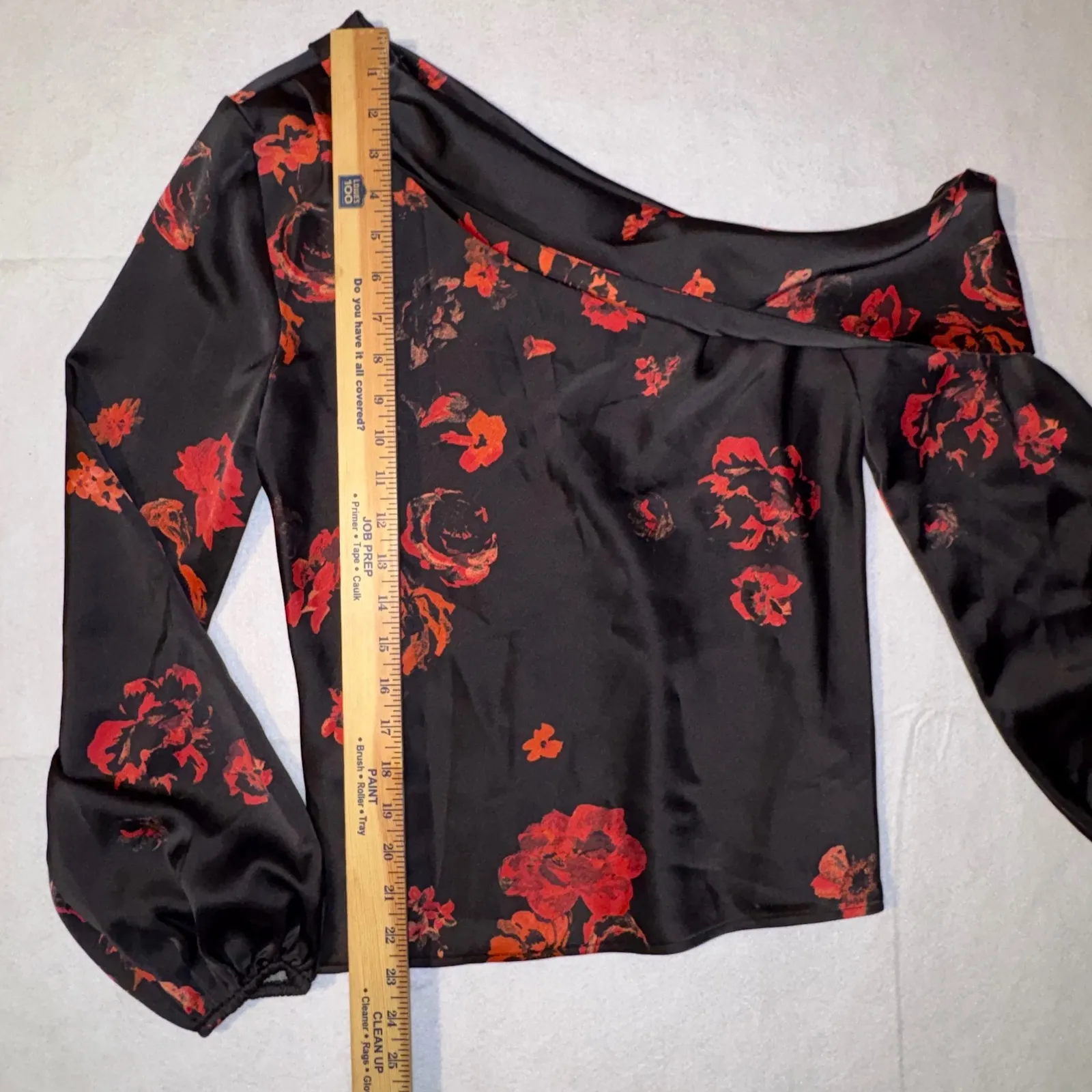 WAYF Black Red Roses Off Shoulder Long Sleeve Satin Blouse Holiday party blouse - Image 4