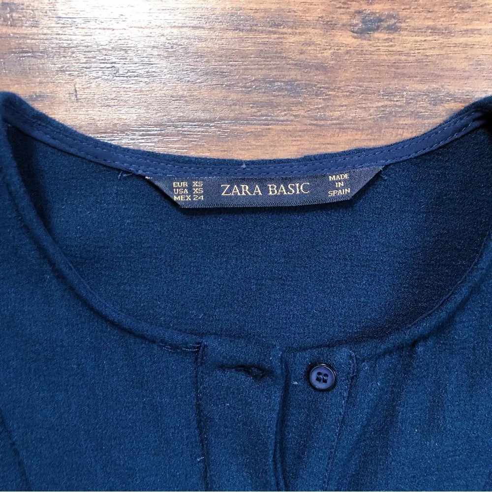 Zara Basic • navy blue dress belted sheath shirtdress button front cap sleeve - Image 4