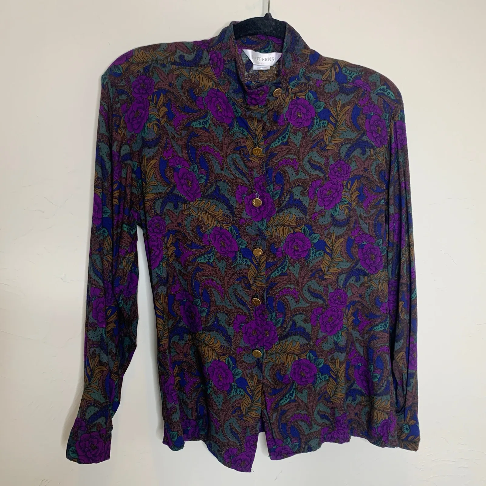 Vintage Dark Floral Brown Purple Blue Blouse Gold Buttons Sz Medium - Image 4