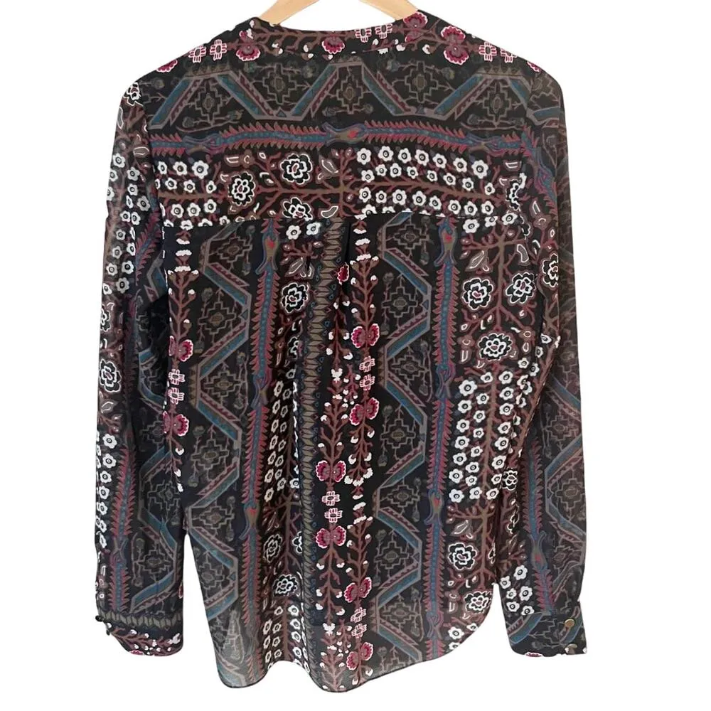 VERONICA BEARD Lowell Blouse Floral Paisley Black Brown Sheer Top Long Sleeves 4 - Image 4