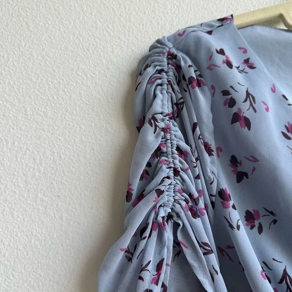 WAYF Larissa Cut Out Puff Sleeve Mini Dress Blue Floral Ruched Size Medium - Image 4