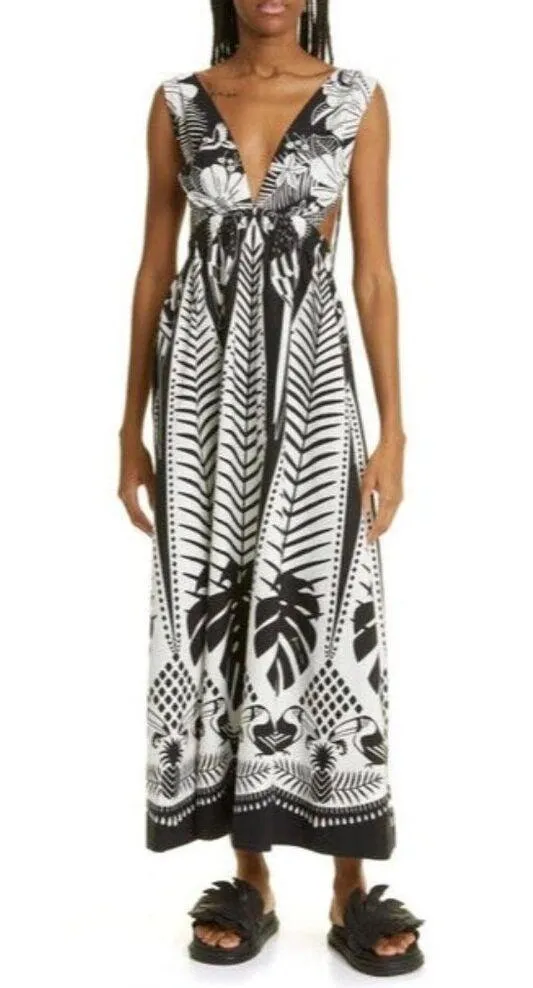 NWT FARM Rio Macaw Elegance Maxi in Black White Palm Leaf Toucan Print Dress XL - Image 2