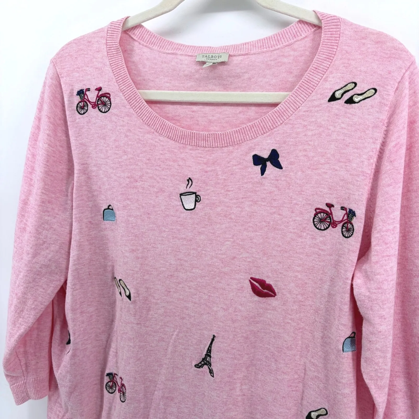 Talbots Plus Pink Eiffel Tower Paris Embroidered Sweater Size X 14-16 Grannycore - Image 2