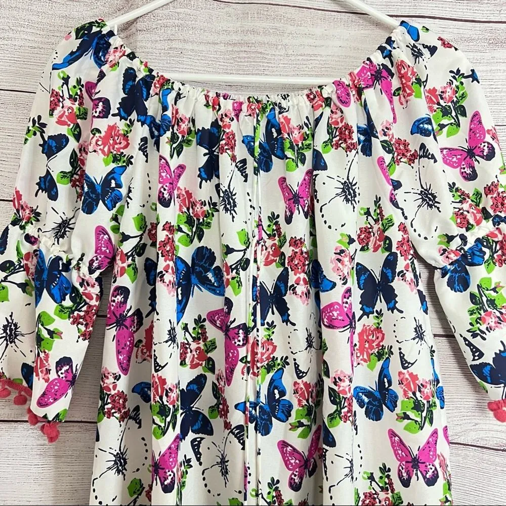 America & Beyond Womens Floral Butterfly Print Tassel String Hem Dress Sz S Blue - Image 4