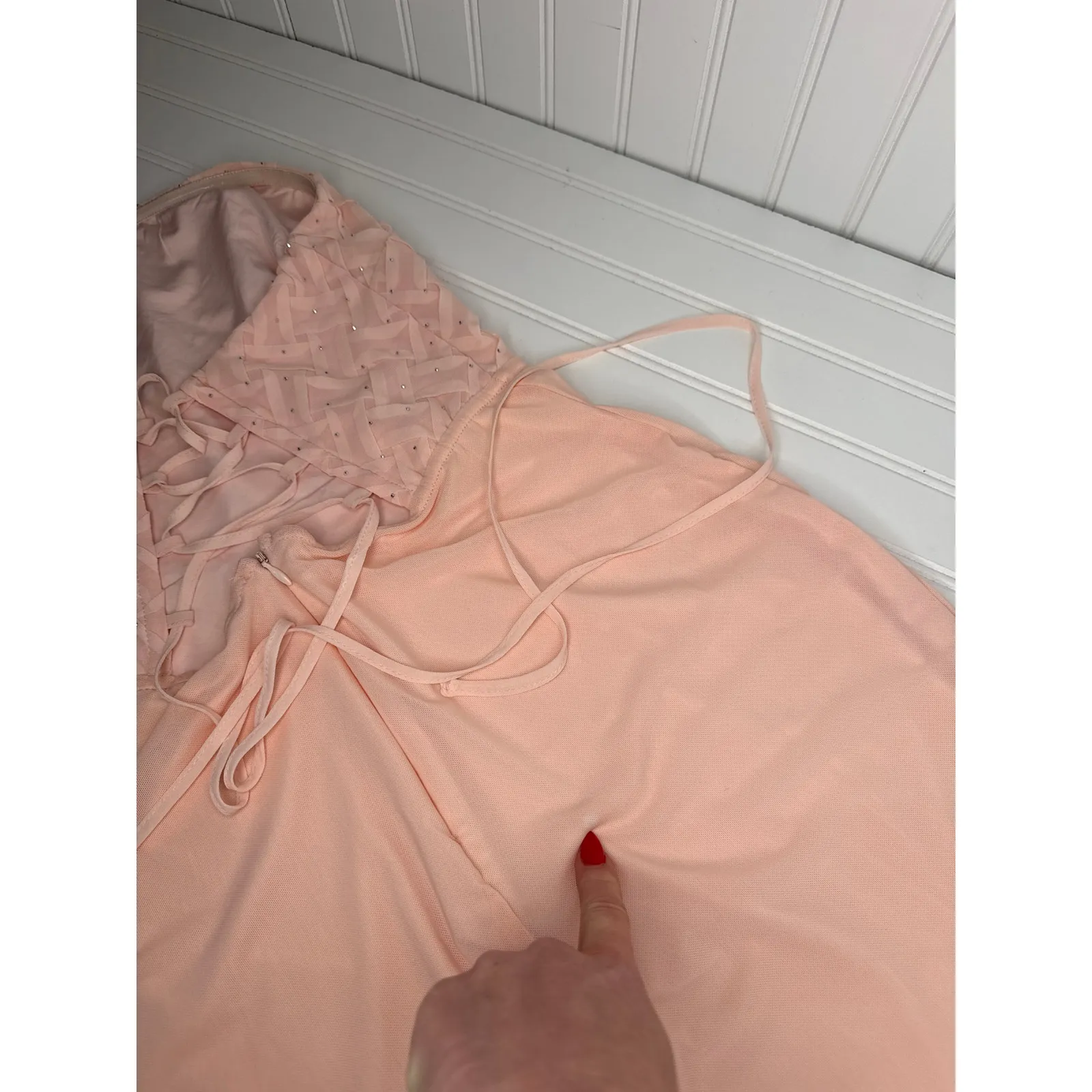 NWT Lulus Stunning Concept Light Pink Mesh Rhinestone Strapless Maxi Dress Sz L - Image 10