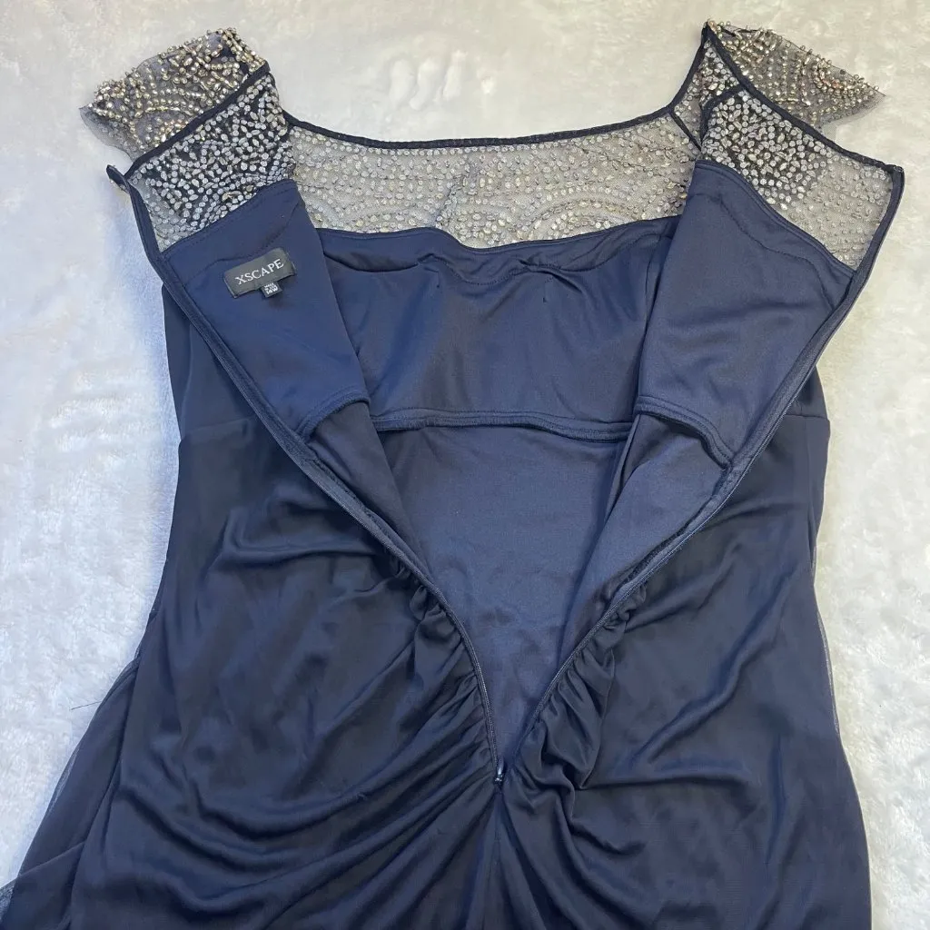 XSCAPE Beaded Cocktail Dress Women's Plus Size 14W Navy Blue Prom‎ Formal USA - Image 6
