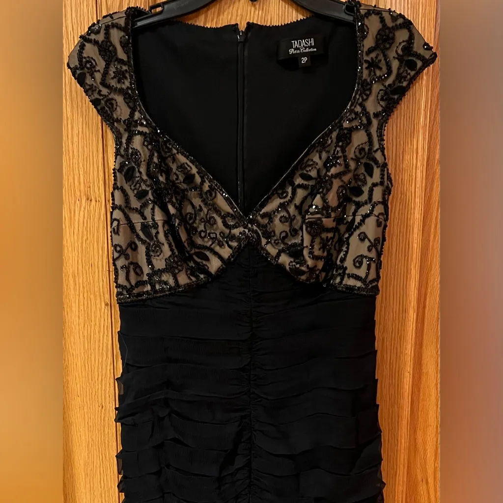 Tadashi Petite Collection Black Silk Beaded Party Formal Midi‎ Dress Size 2P - Image 2