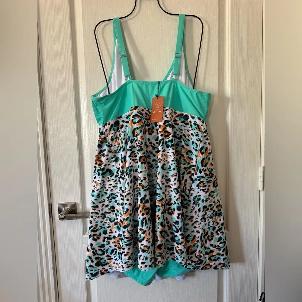 Arolina Swimsuit Dress Two Piece Cute Green Leopard Print With Shorts 22W NWT - Image 4