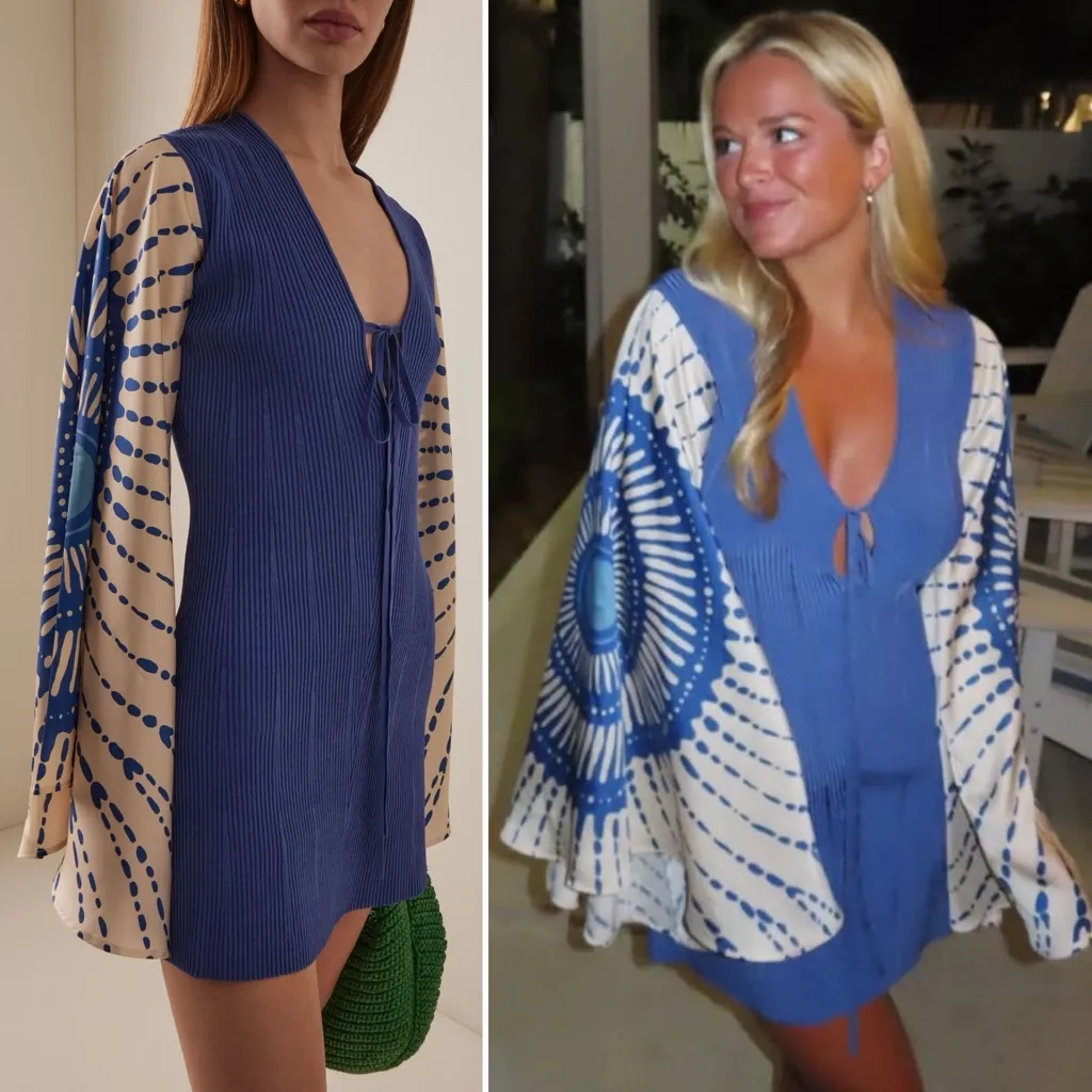 ALEXIS Lai Dress Ribbed Knit Tie-Front Bell Sleeve Mini Size Medium Blue NWT - Image 10