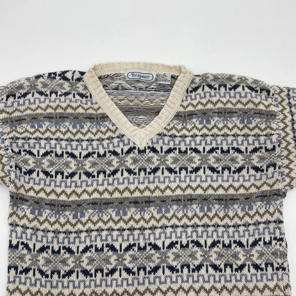 Vintage 90s Sweater Striped‎ Ramie Cotton Women Sz Medium Blue White Cozy V - Image 3