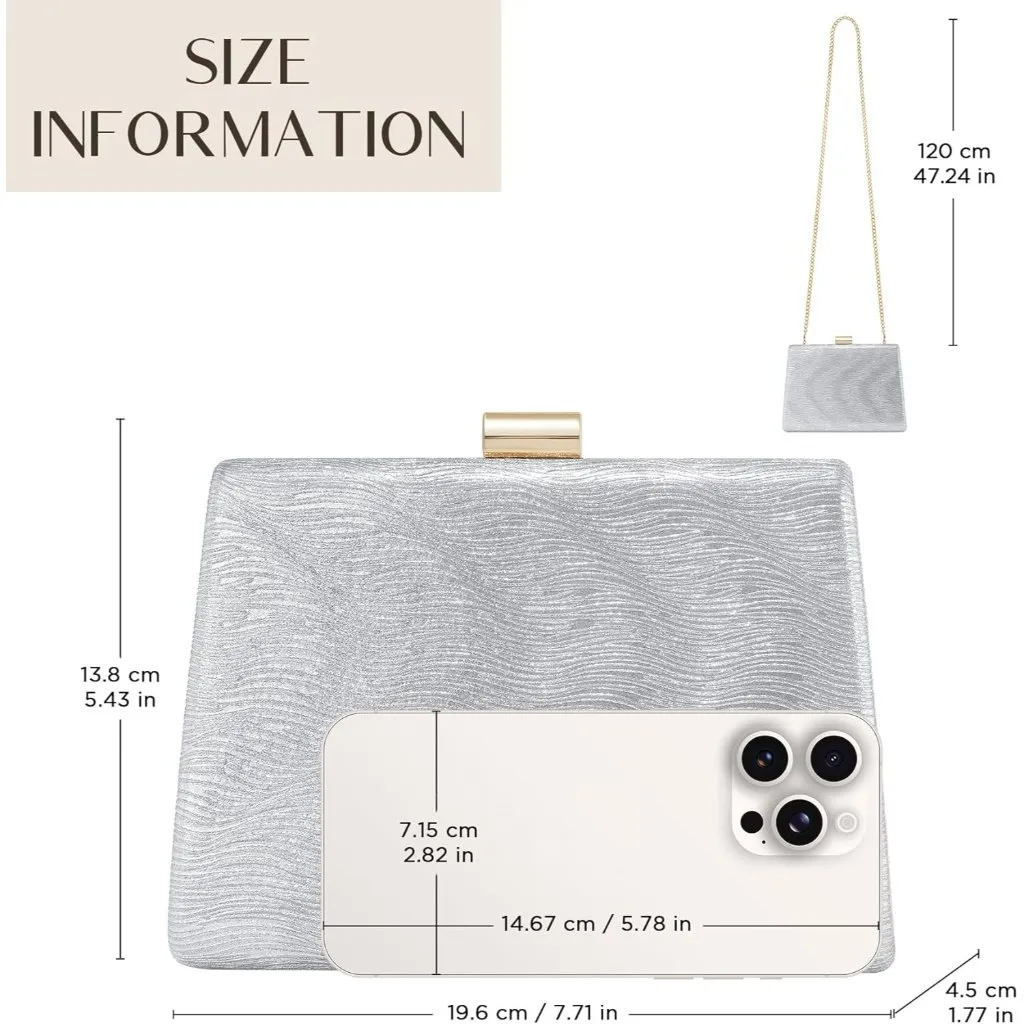 ⚡ Women's Detachable Chain Sparkly Evening Formal Parties Silver Clutch Bag - Image 6