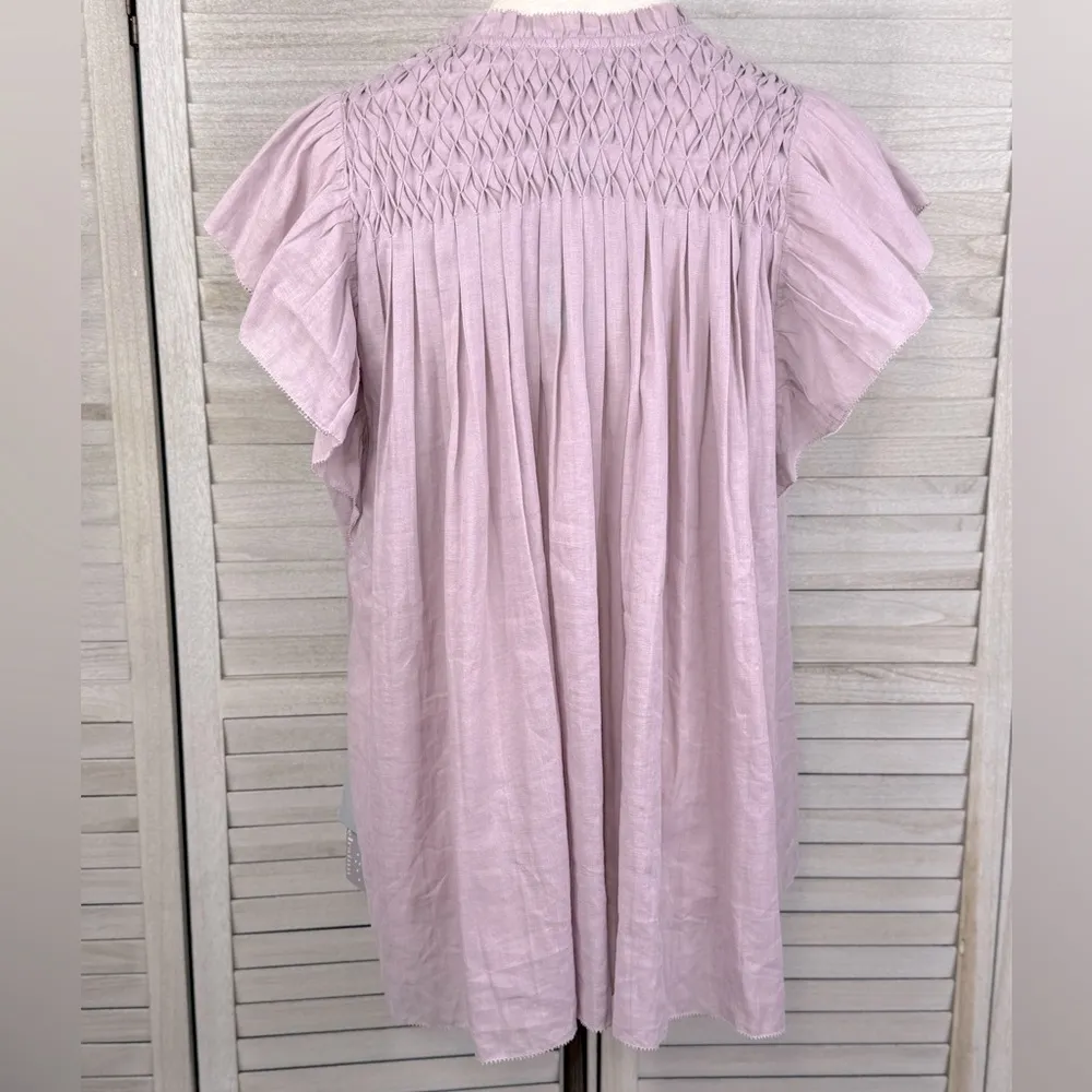 DANIEL RAINN "Evelyn" Flutter Sleeve Smocked Blouse Linen Blend Lavender-XL - Image 2