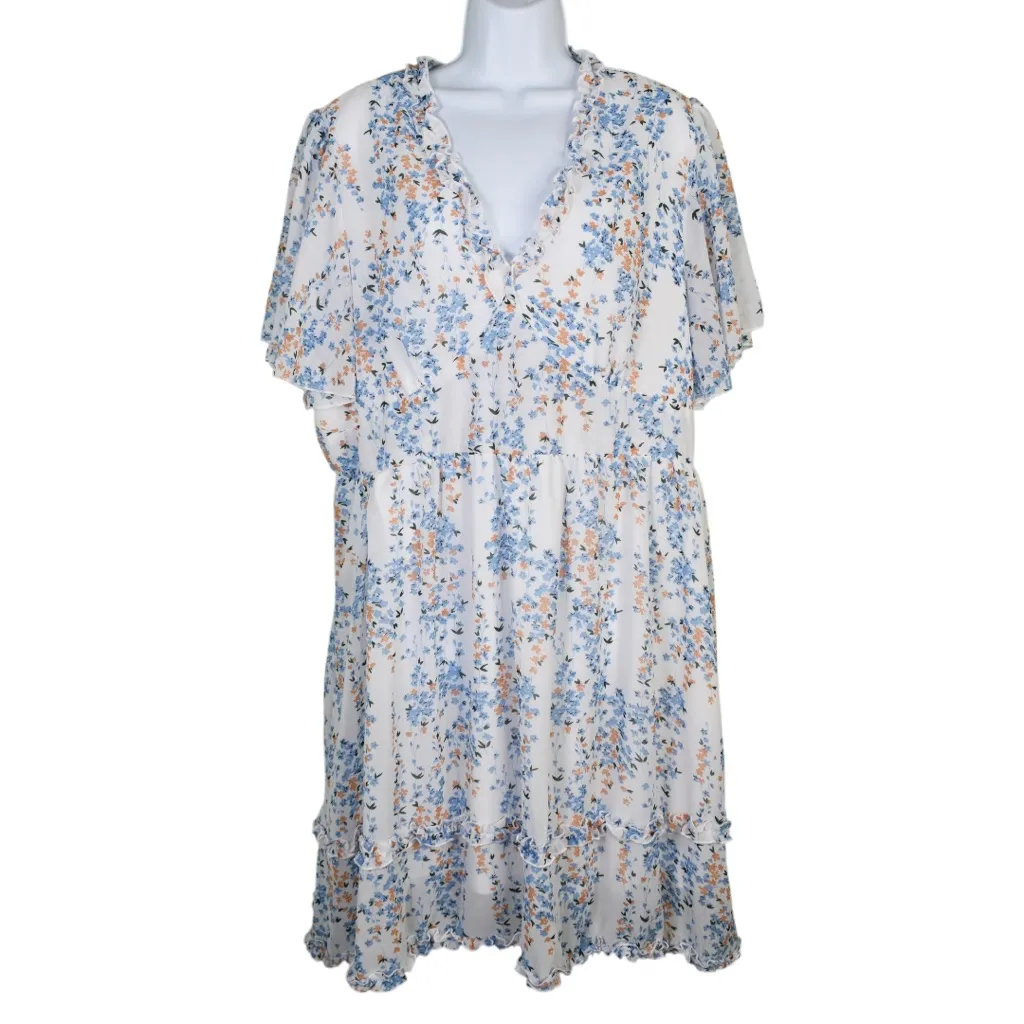 Milkmaid Babydoll Cottagecore‎ 3XL Floral Ruffle V Neck Midi Dress Blue White - Image 2