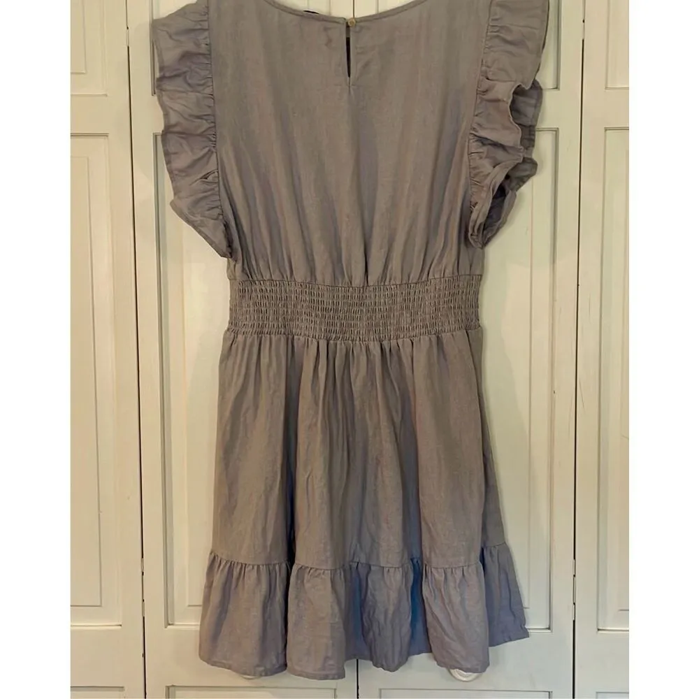 Nicole Miller 100% linen purplish grey ruffle sleeve smocked waist dress small - Image 11